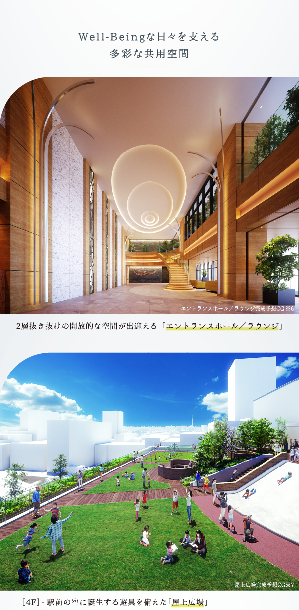 Well-Beingな日々を支える多彩な共用空間 2層抜き抜けの開放的な空間が出迎える「エントランスホール／ラウンジ」エントランスホール／ラウンジ完成予想CG※6 ［4F］-駅前の空に誕生する遊具を備えた「屋上広場」 屋上広場完成予想CG※7