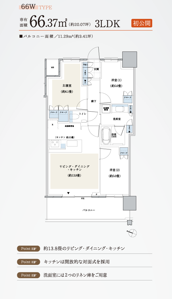 初公開 66W TYPE 専有面積66.37㎡（約20.07坪） 3LDK バルコニー面積11.29m²（約3.41坪） Point 約13.8畳のリビング・ダイニング・キッチン Point キッチンは開放的な対面式を採用 Point 洗面室には２つのリネン庫をご用意