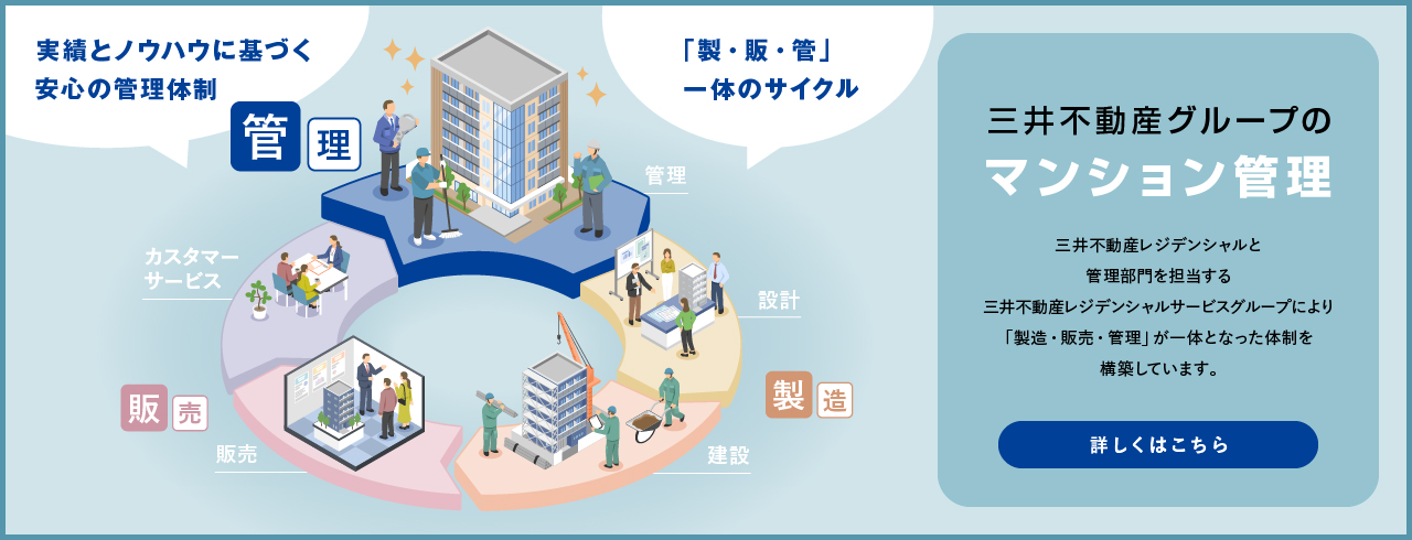 総合デベロッパーである三井不動産レジデンシャル、管理部門を担当する三井不動産レジデンシャルサービスグループにより｢製造・販売・管理｣が一体となった体制を構築しています。