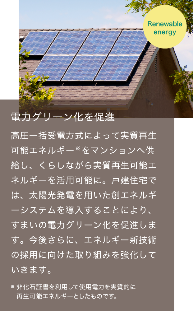 電⼒グリーン化を促進　高圧一括受電方式によって実質再生可能エネルギー　をマンションへ供給し、くらしながら実質再生可能エネルギーを活用可能に。戸建住宅では、太陽光発電を用いた創エネルギーシステムを導入することにより、すまいの電力グリーン化を促進します。今後さらに、エネルギー新技術の採用に向けた取り組みを強化していきます。※非化石証書を利用して使用電力を実質的に再生可能エネルギーとしたものです。