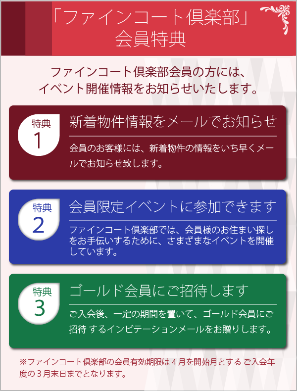 ファインコート倶楽部」会員特典：ファインコート倶楽部会員の方には、イベント開催情報をお知らせいたします。〜特典１／新着物件情報をメールでお知らせ：会員のお客様には、新着物件の情報をいち早くメールでお知らせ致します。〜特典２／会員限定イベントに参加できます：ファインコート倶楽部では、会員様のお住まい探しをお手伝いするために、様々なイベントを開催しています。〜特典３／ご入会後、一定の期間を置いて、ゴールド会員にご招待 するインビテーションメールをお贈りします。（ファインコート倶楽部の会員有効期限は４月を開始月とするご入会年度の３月末日までとなります。