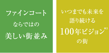 ファインコートならではの美しい街並み/いつまでも未来を語り続ける100年ビジョンの街/目指したのは、世界に誇れる次世代のスマートな生活を発信する街/安心・安全を重視したセキュリティ