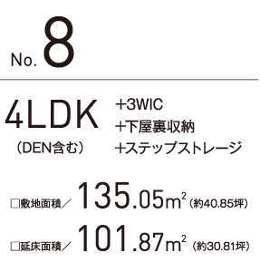 no.8 4LDK(DEN含む) +3WIC +3下屋裏収納 +ステップストレージ