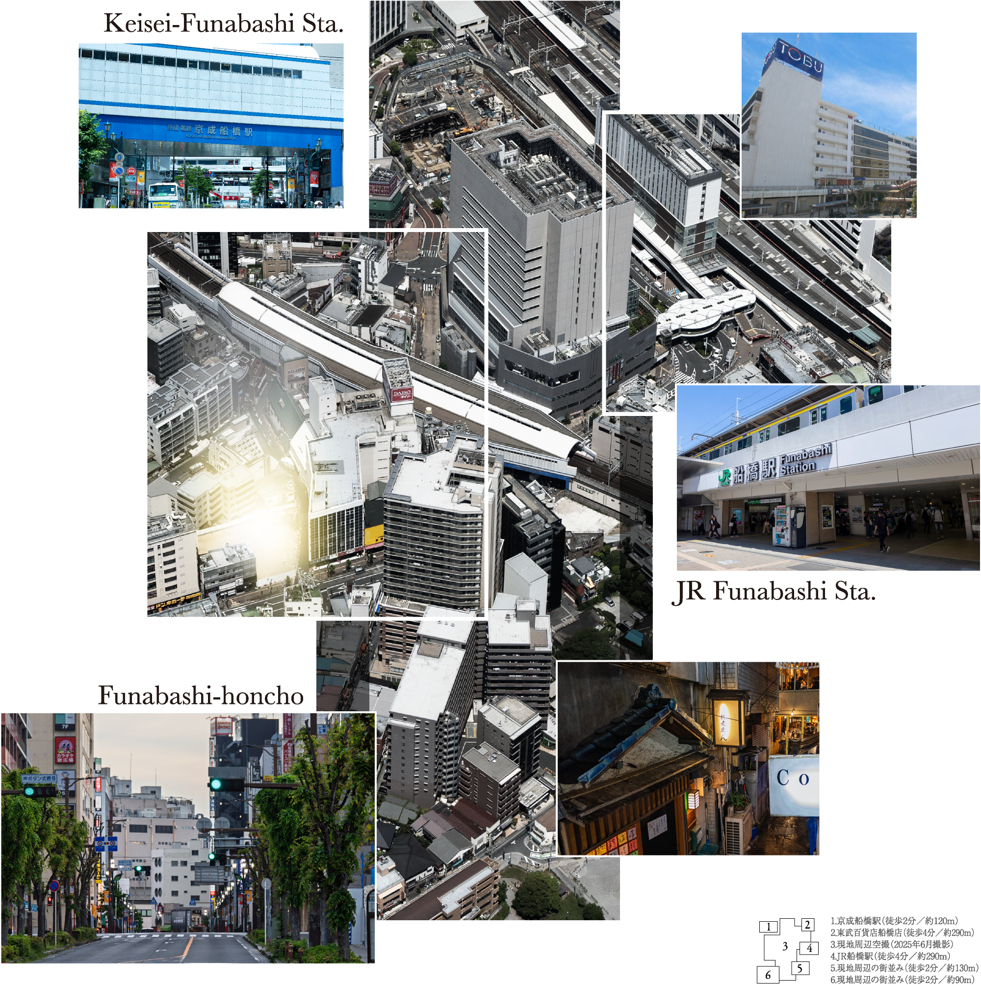 1.京成船橋駅（徒歩2分／約120m）2.東武百貨店船橋店（徒歩4分／約290m）3.現地周辺空撮（2025年6月撮影）4.JR船橋駅（徒歩4分／約290m）5.現地周辺の街並み（徒歩2分／約130m） 6.現地周辺の街並み（徒歩2分／約90m）