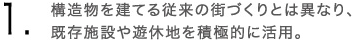 1.構造物を建てる従来の街づくりとは異なり、既存施設や遊休地を積極的に活用。