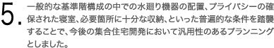 5.一般的な基準階構成の中での水廻り機器の配置、プライバシーの確保された寝室、必要箇所に十分な収納、といった普遍的な条件を踏襲することで、今後の集合住宅開発において汎用性のあるプランニングとしました。